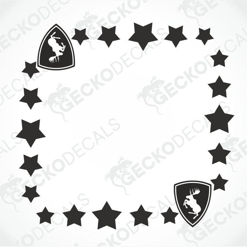 A set of black star-shaped decals and die-cut stickers with a moose motif, intended for use as vehicle side window decorations, displayed on a white background.