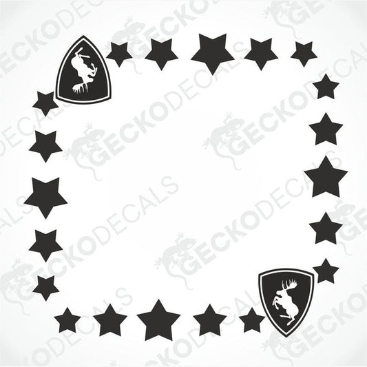 A set of black star-shaped decals and die-cut stickers with a moose motif, intended for use as vehicle side window decorations, displayed on a white background.