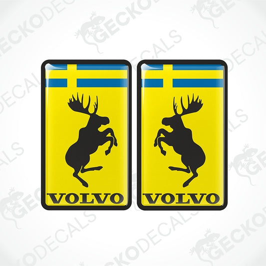 A set of two Volvo SWEDEN branded vinyl stickers with a yellow and blue design featuring a moose.