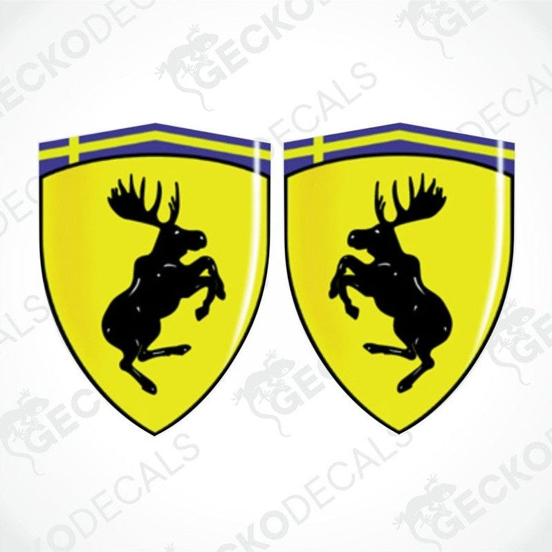 Two yellow vinyl decals with the SWEDEN  Volvo brand logo and a moose silhouette on a white background
