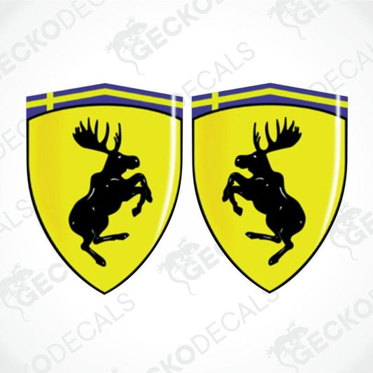 Two yellow vinyl decals with the SWEDEN  Volvo brand logo and a moose silhouette on a white background