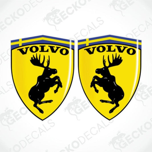 Two yellow vinyl decals with the SWEDEN  Volvo brand logo and a moose silhouette on a white background