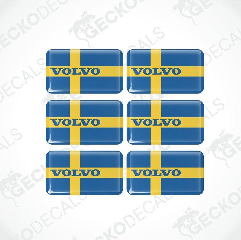 A set of six vinyl decals with polyurethane coating featuring the Volvo brand and the flag of Sweden design.