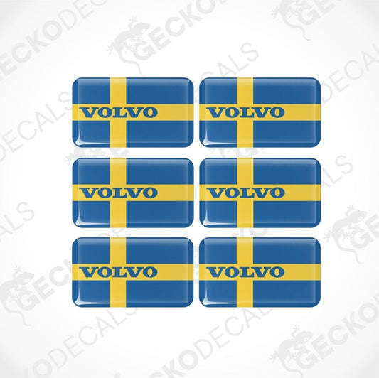 A set of six vinyl decals with polyurethane coating featuring the Volvo brand and the flag of Sweden design.