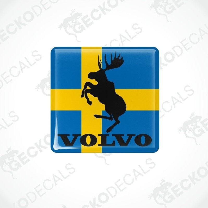  Blue vinyl stickers with a yellow and black moose design and the Volvo brand logo.