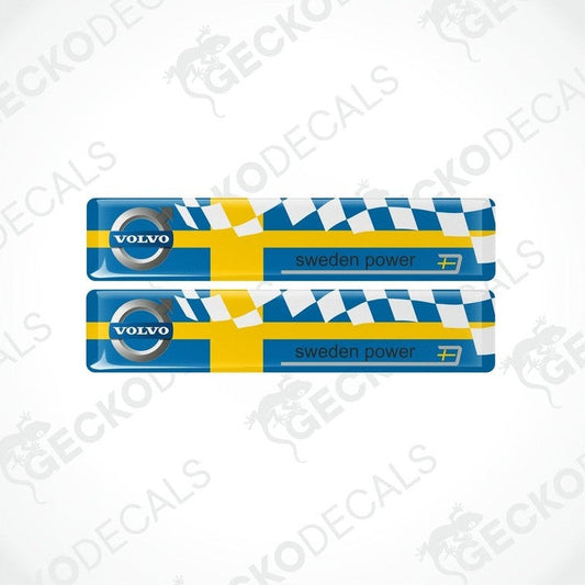 Two vinyl decals with a polyurethane coating featuring the 'Volvo Sweden Power' branding in blue and yellow colors.