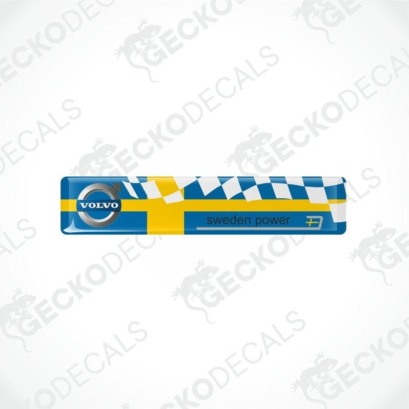 Vinyl decals with a polyurethane coating featuring the 'Volvo Sweden Power' branding in blue and yellow colors.