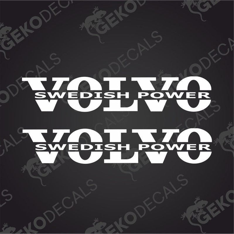 Two white stickers with the text 'VOLVO SWEDISH POWER' in bold capital letters, displayed on a black background with a Gecko Decals logo at the bottom.