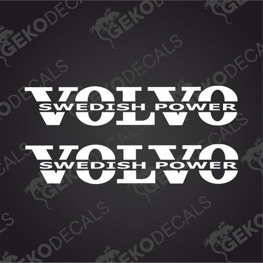 Two white stickers with the text 'VOLVO SWEDISH POWER' in bold capital letters, displayed on a black background with a Gecko Decals logo at the bottom.