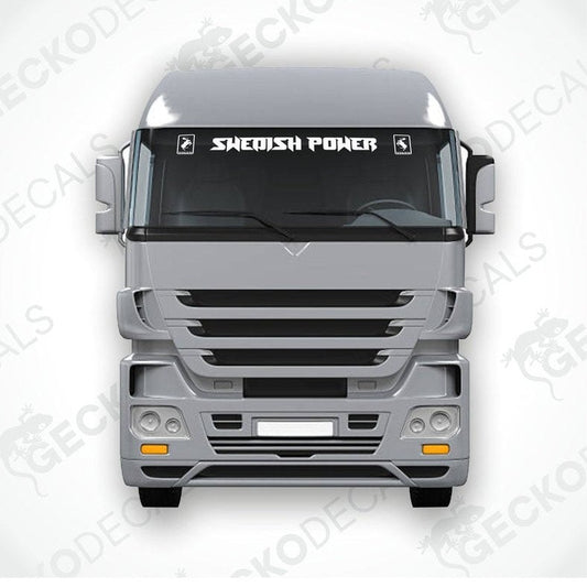 A front view of a Volvo truck with a 'Swedish Power' decal on the windscreen.