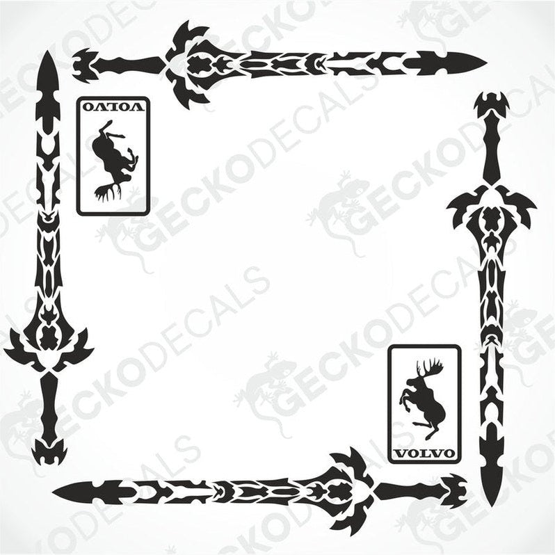 A set of black vinyl decals for Volvo vehicles, featuring sword designs and the Volvo brand logo.