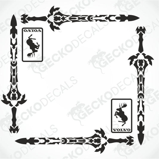 A set of black vinyl decals for Volvo vehicles, featuring sword designs and the Volvo brand logo.
