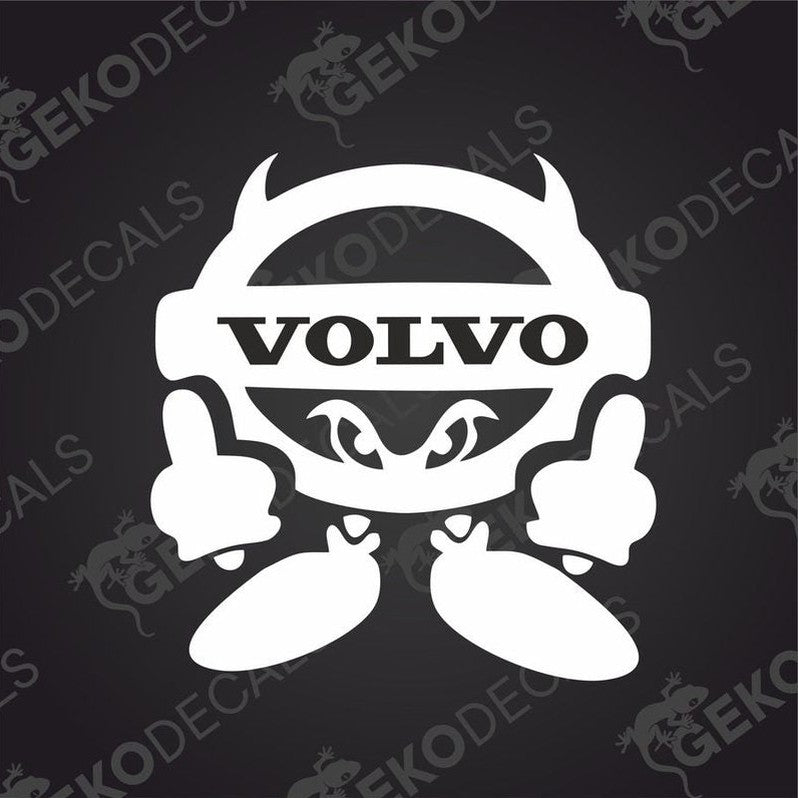 A black and white sticker decal of the Volvo brand logo with a playful design, indicating a positive message.