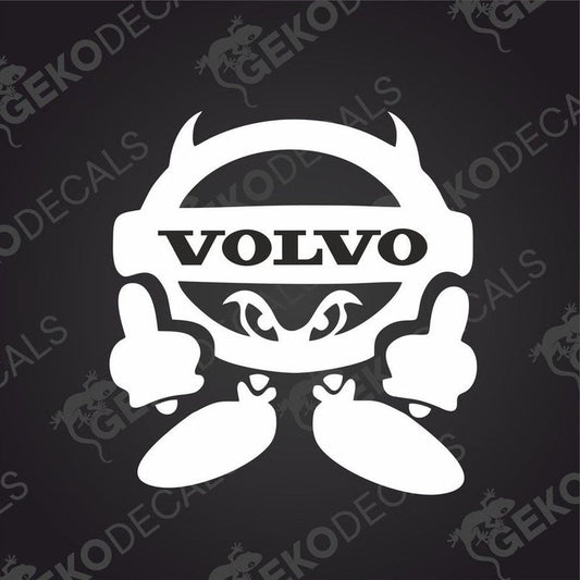 A black and white sticker decal of the Volvo brand logo with a playful design, indicating a positive message.
