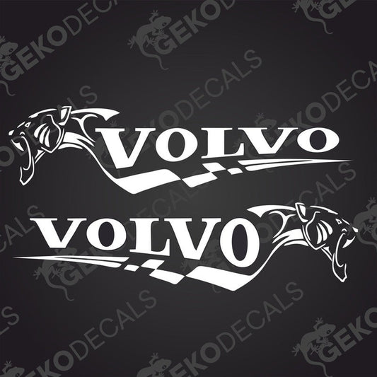 Two black decals with the word 'VOLVO' and a tiger graphic design.
