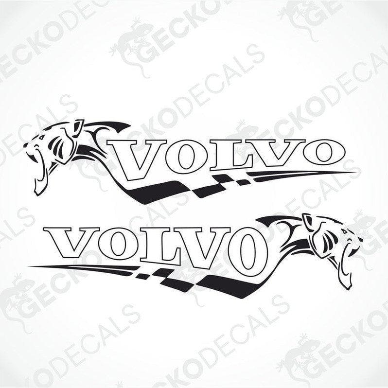 Two black decals with the word 'VOLVO' and a tiger graphic design, delivered on a white background.