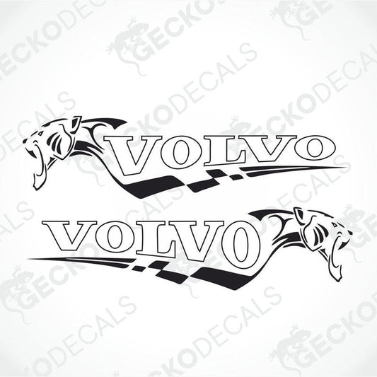 Two black decals with the word 'VOLVO' and a tiger graphic design, delivered on a white background.