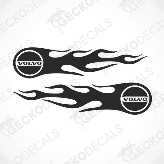 A pair of black and white tribal flame design stickers with the Volvo logo, intended for vehicle customization.