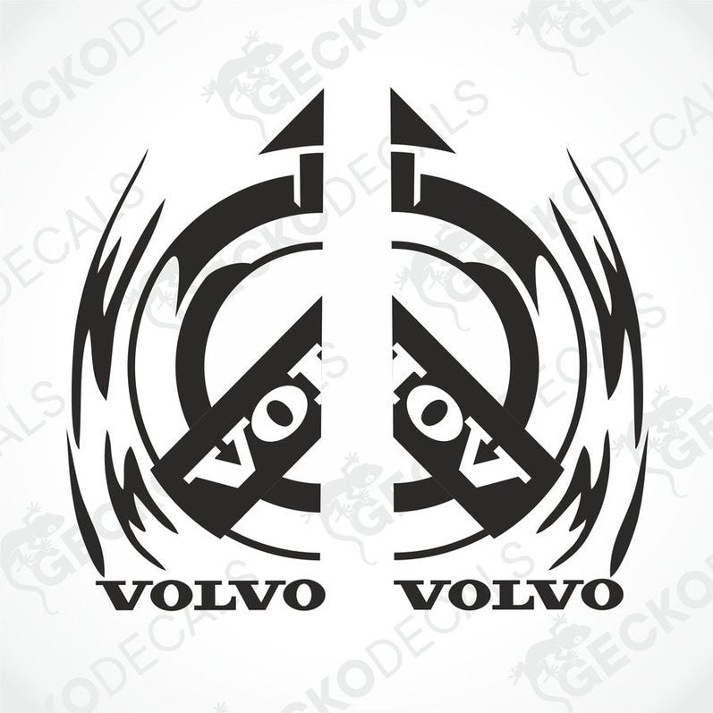 A set of two black decals with a tribal-style design featuring the Volvo brand logo.