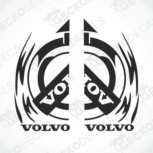 A set of two black decals with a tribal-style design featuring the Volvo brand logo.