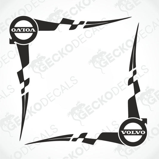 A pair of die cut black and white tribal pattern side window decals with Volvo branding.