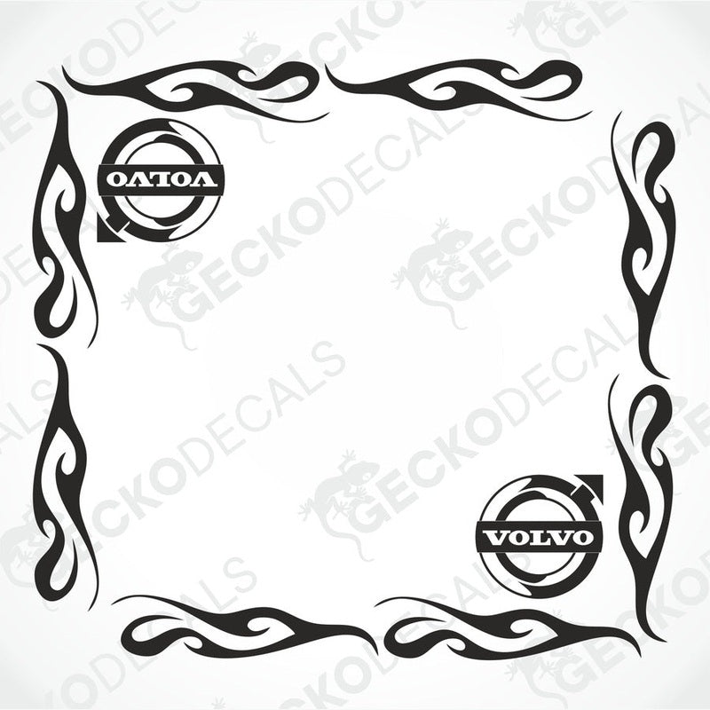 A pair of black tribal patterned side window decals with the Volvo logo at the corners.