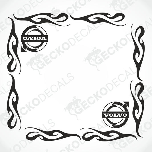 A pair of black tribal patterned side window decals with the Volvo logo at the corners.