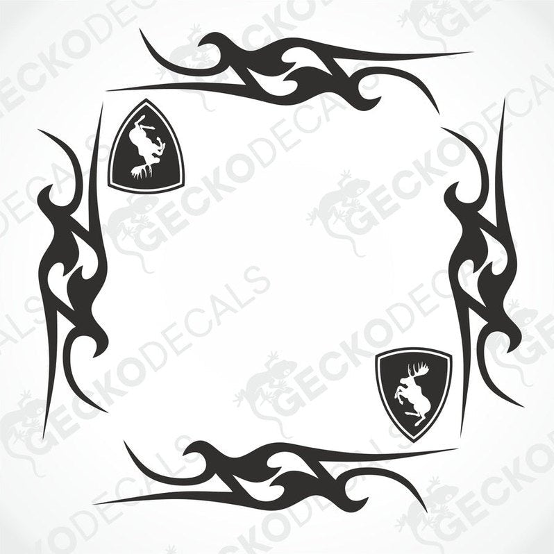 A set of black tribal patterned decals for vehicle side windows, including two with a Volvo car emblem.