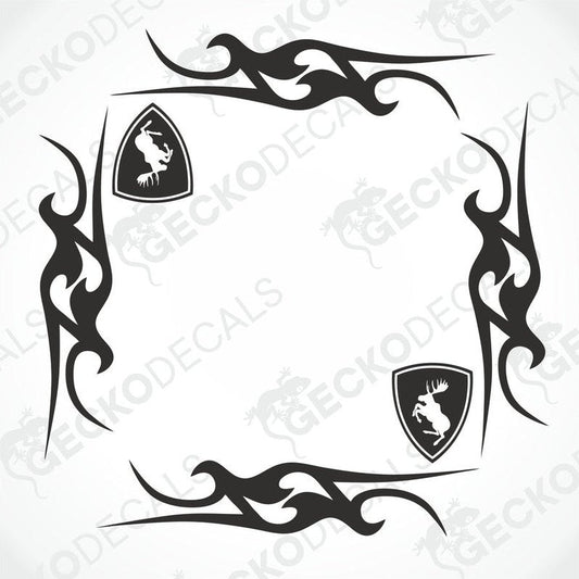 A set of black tribal patterned decals for vehicle side windows, including two with a Volvo car emblem.