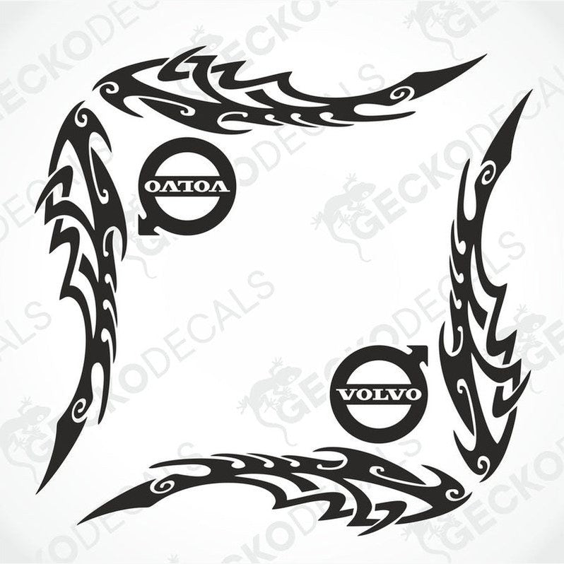 A set of two black tribal design window decals for a Volvo vehicle, displayed on a white background.