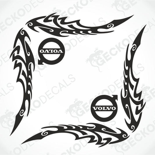 A set of two black tribal design window decals for a Volvo vehicle, displayed on a white background.