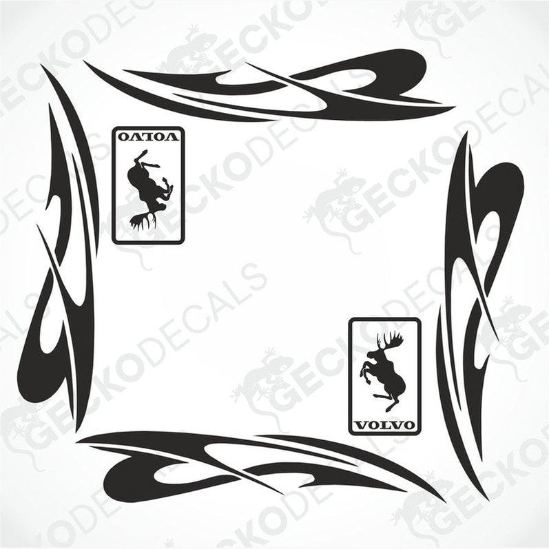 A set of black tribal patterned side window decals for a Volvo vehicle, including a moose logo and the Volvo brand logo.