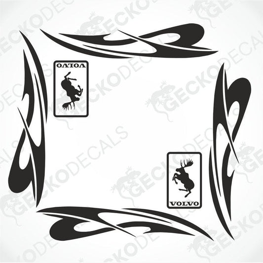 A set of black tribal patterned side window decals for a Volvo vehicle, including a moose logo and the Volvo brand logo.