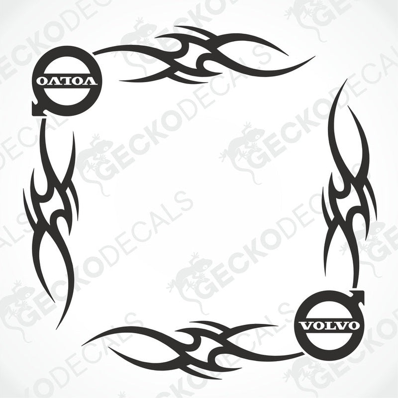 A set of two black tribal design window decals for a Volvo vehicle, featuring the Volvo logo within the design.