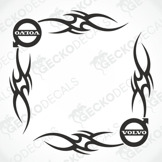 A set of two black tribal design window decals for a Volvo vehicle, featuring the Volvo logo within the design.