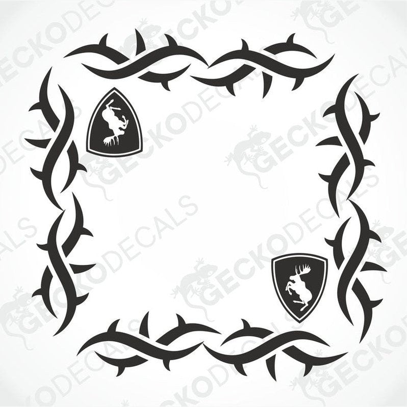 A pair of black tribal patterned side window decals featuring a moose motif on a white background.