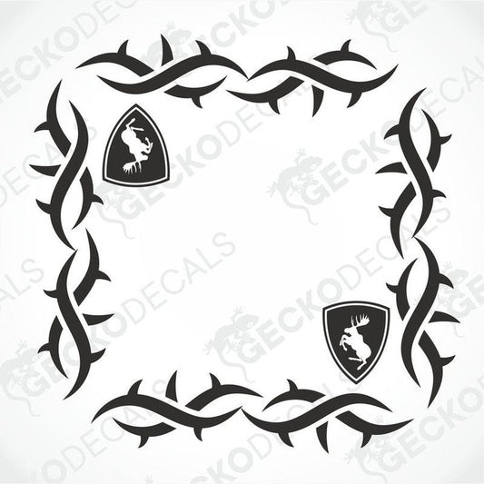 A pair of black tribal patterned side window decals featuring a moose motif on a white background.