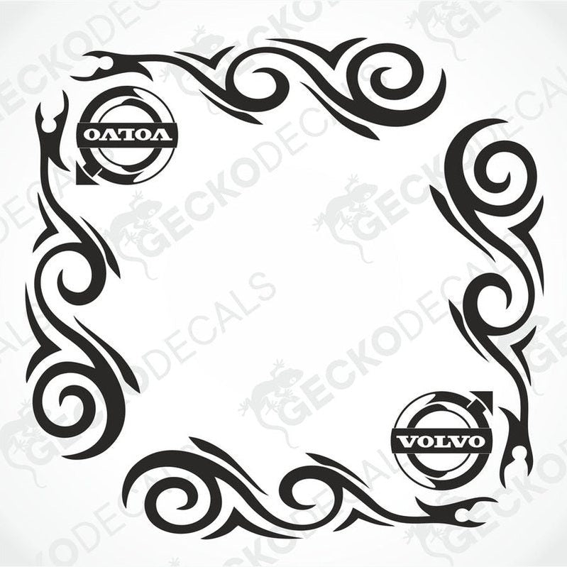 A set of two black tribal patterned decals for Volvo vehicles, designed for side window placement, one with the Volvo logo visible within the design.
