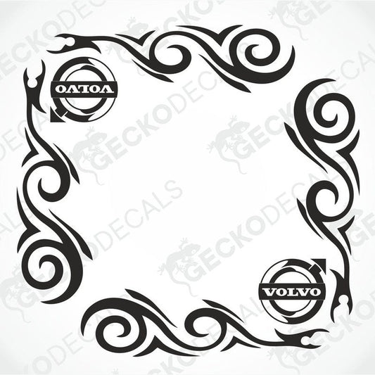 A set of two black tribal patterned decals for Volvo vehicles, designed for side window placement, one with the Volvo logo visible within the design.