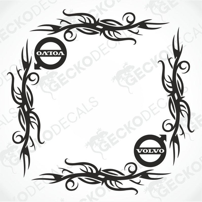 A pair of black tribal patterned side window decals with the 'Volvo' brand logo, designed for use on vehicles.