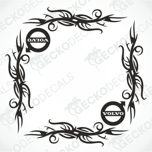 A pair of black tribal patterned side window decals with the 'Volvo' brand logo, designed for use on vehicles.