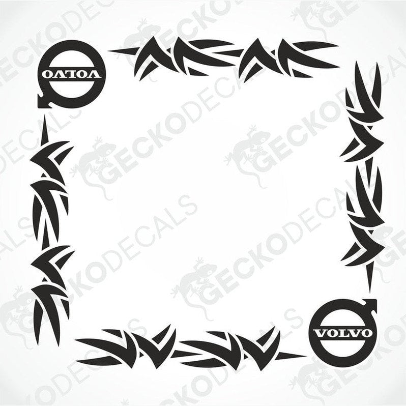 A set of two black tribal pattern die cut stickers with Volvo branding on transfer paper, intended for use as vehicle decals on side windows.