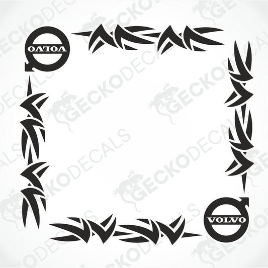 A set of two black tribal pattern die cut stickers with Volvo branding on transfer paper, intended for use as vehicle decals on side windows.