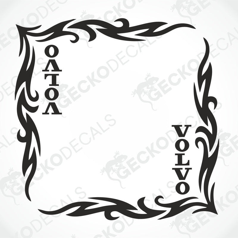 A pair of black tribal patterned side window decals with the brand name 'Volvo' written in capital letters.