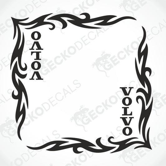 A pair of black tribal patterned side window decals with the brand name 'Volvo' written in capital letters.