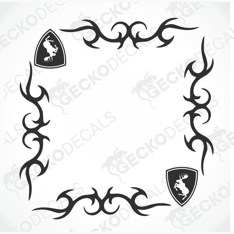 A set of two black tribal design vehicle decals for Volvo vehicles, displayed on a white background.