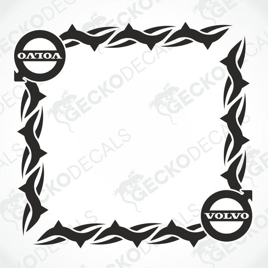 A die cut decal with a tribal pattern design for vehicle side windows, featuring the Volvo brand logo.