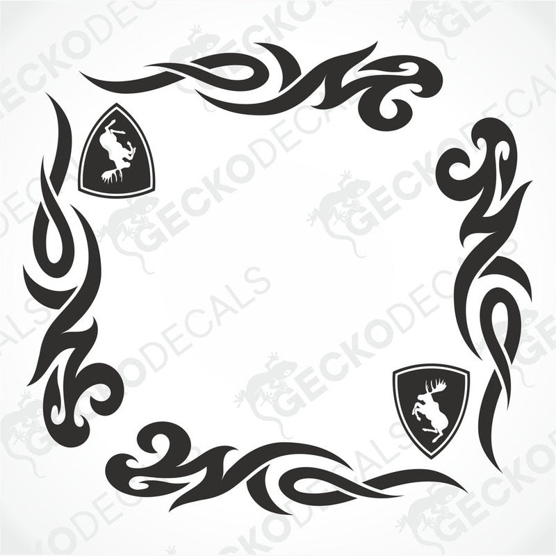 A set of black tribal design decals for vehicle side windows, including logos that resemble moose heads.