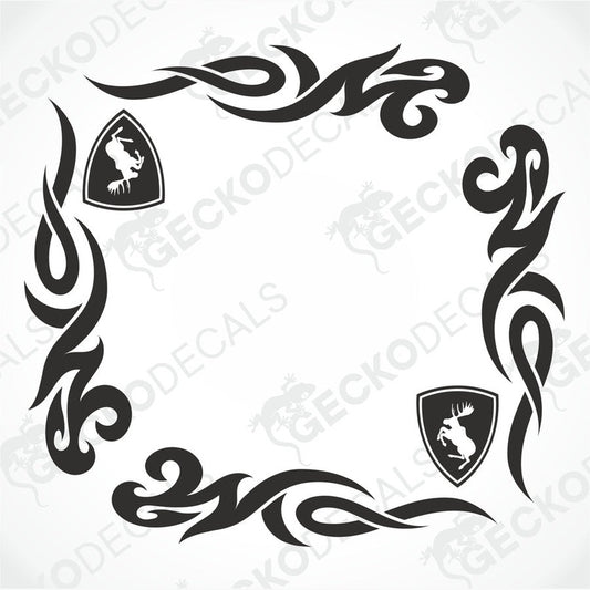 A set of black tribal design decals for vehicle side windows, including logos that resemble moose heads.