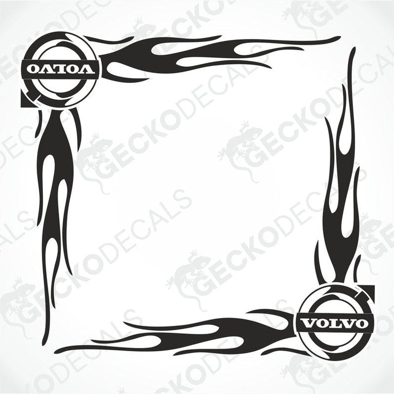 A set of two black tribal flame design decals for Volvo vehicles, displayed on a white background.